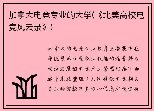 加拿大电竞专业的大学(《北美高校电竞风云录》)