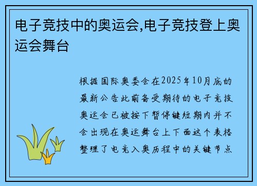 电子竞技中的奥运会,电子竞技登上奥运会舞台